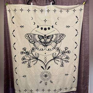 50” x 60” ivory tapestry- black moon, moth and flower pattern